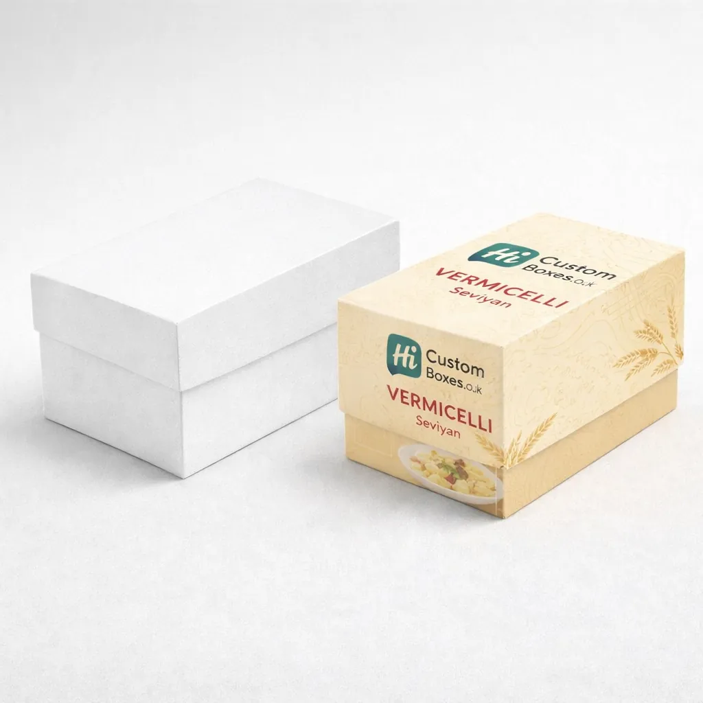 Wholesale two-piece rigid vermicelli boxes featuring a plain white mock-up and a custom printed lid. class=